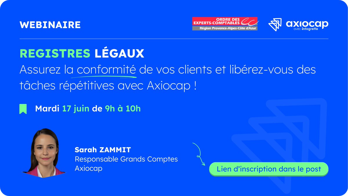 Axiocap (@axiocap_saas) on Twitter photo 📅 J-1 avant le webinaire avec le <a href="/CROEC_Paca/">CROEC Provence-Alpes-Côte d'Azur</a>
Vous êtes expert-comptable et vous souhaitez simplifier la gestion des registres légaux de vos clients tout en assurant leur conformité ?
Rendez-vous demain à 9h 👉🏼 bit.ly/3FtYZOr 📅 J-1 avant le webinaire avec le <a href="/CROEC_Paca/">CROEC Provence-Alpes-Côte d'Azur</a>
Vous êtes expert-comptable et vous souhaitez simplifier la gestion des registres légaux de vos clients tout en assurant leur conformité ?
Rendez-vous demain à 9h 👉🏼 bit.ly/3FtYZOr