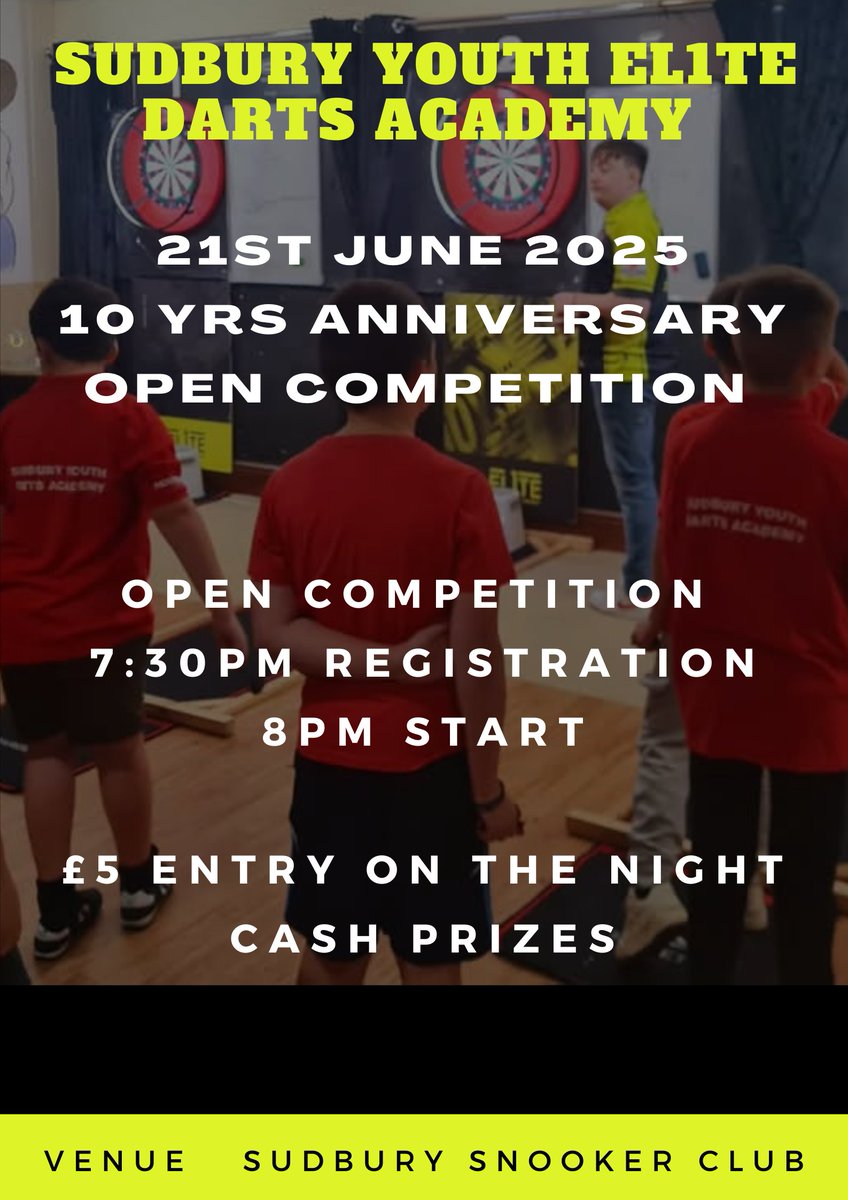 Sudbury Youth Elite1 Darts Academy (@youthsudbury) on Twitter photo Looking forward to a great evening, unlimited places, register on the night.
Cash prizes π
<a href="/TargetDarts/">Target Darts</a> <a href="/SuffolkDarts/">Suffolk Darts</a> <a href="/lorraine180/">lorraine winstanley</a> <a href="/KingArthur180/">Arthur Allston</a> <a href="/LWarner180/">LeonWarner</a> <a href="/Garryplummer/">Garry Plummer</a> <a href="/Charlie10644202/">Charlie Gray</a> <a href="/ShakeyWarner/">Shakey Warner</a> Looking forward to a great evening, unlimited places, register on the night.
Cash prizes π
<a href="/TargetDarts/">Target Darts</a> <a href="/SuffolkDarts/">Suffolk Darts</a> <a href="/lorraine180/">lorraine winstanley</a> <a href="/KingArthur180/">Arthur Allston</a> <a href="/LWarner180/">LeonWarner</a> <a href="/Garryplummer/">Garry Plummer</a> <a href="/Charlie10644202/">Charlie Gray</a> <a href="/ShakeyWarner/">Shakey Warner</a>