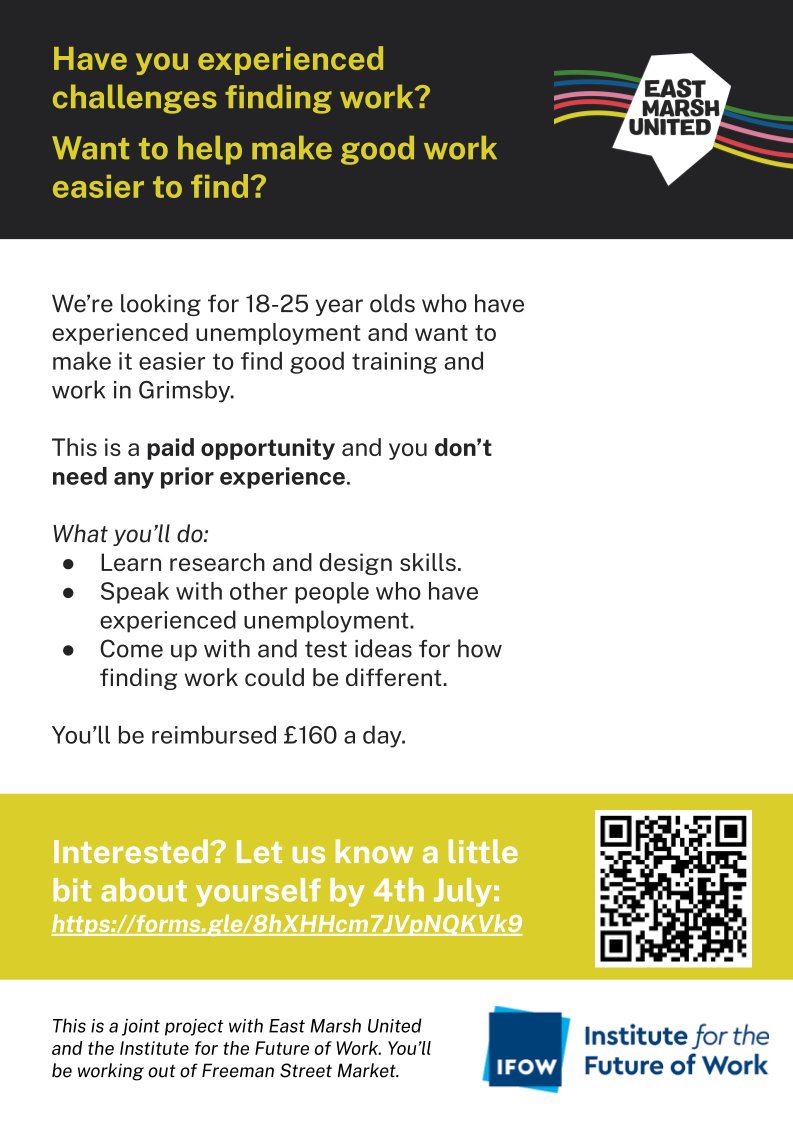 Paid opportunity for 18–25 year olds in Grimsby! We're looking for young people who’ve experienced unemployment to help make it easier to find good training and jobs. You'll be reimbursed £160 per day for your time. 
Interested? Apply by 4th July here: forms.gle/8hXHHcm7JVpNQK…