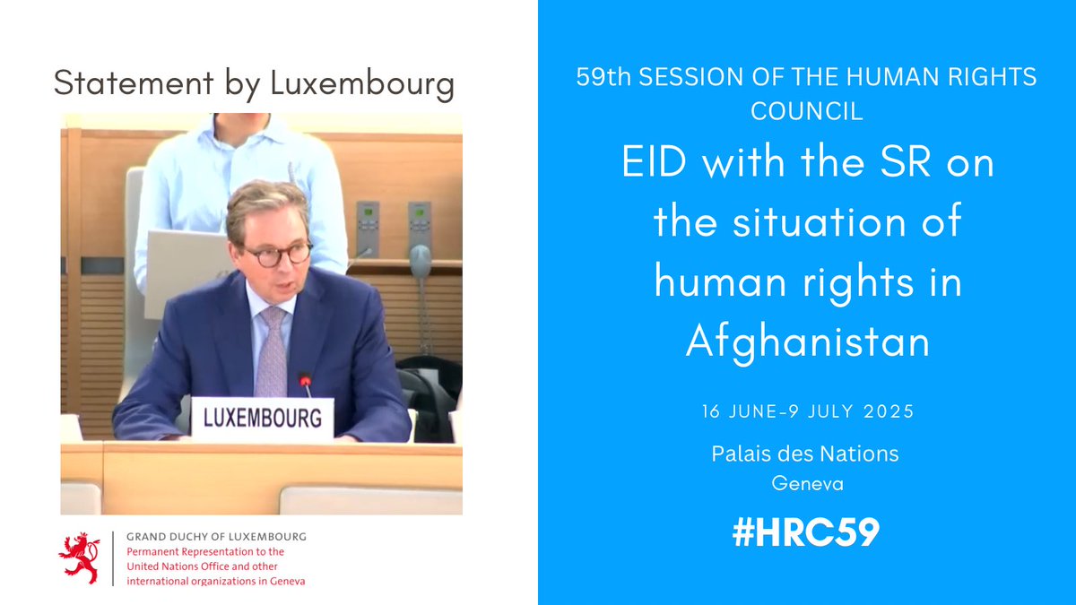 Luxembourg Mission in Geneva🇱🇺🇺🇳 (@luingeneva) on Twitter photo At #HRC59 EID with <a href="/SR_Afghanistan/">UN Special Rapporteur Richard Bennett</a> on #Afghanistan🇦🇫: #Luxembourg🇱🇺 condemns ongoing human rights violations, including the systematic persecution of women and girls. Luxembourg supports calls for a holistic accountability mechanism and reaffirms its support to the #ICC. At #HRC59 EID with <a href="/SR_Afghanistan/">UN Special Rapporteur Richard Bennett</a> on #Afghanistan🇦🇫: #Luxembourg🇱🇺 condemns ongoing human rights violations, including the systematic persecution of women and girls. Luxembourg supports calls for a holistic accountability mechanism and reaffirms its support to the #ICC.