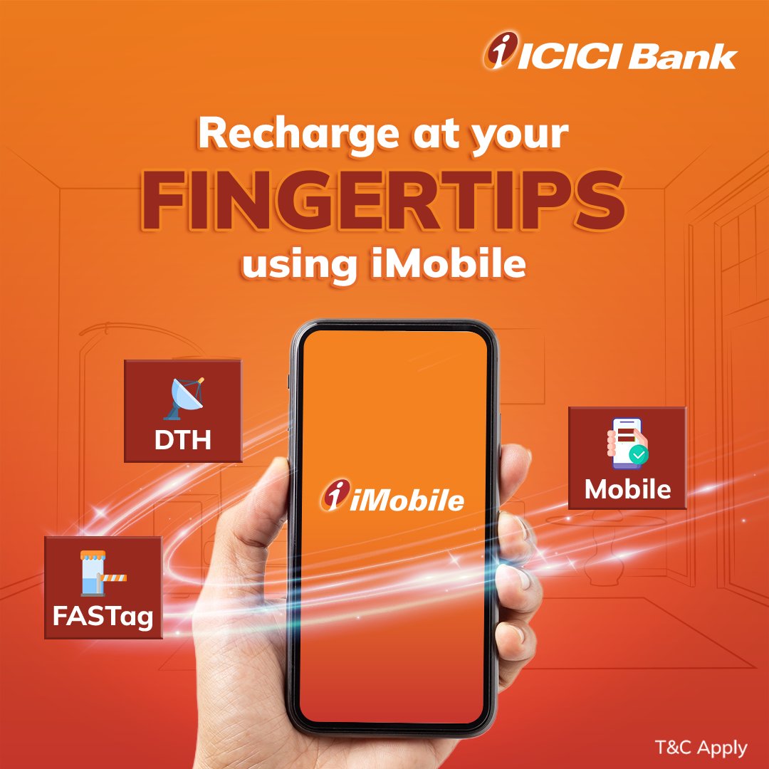 ICICIBank's tweet image. From mobile recharges to DTH and FASTag top-ups handle it all in seconds with the #ICICIBank #iMobile app.

Simple. Fast. Wherever you are.

Download now: icici.co/ICICIT/k/DUvfZ…

#iMobileApp #BankSmart #InAJiffy #DigitalConvenience