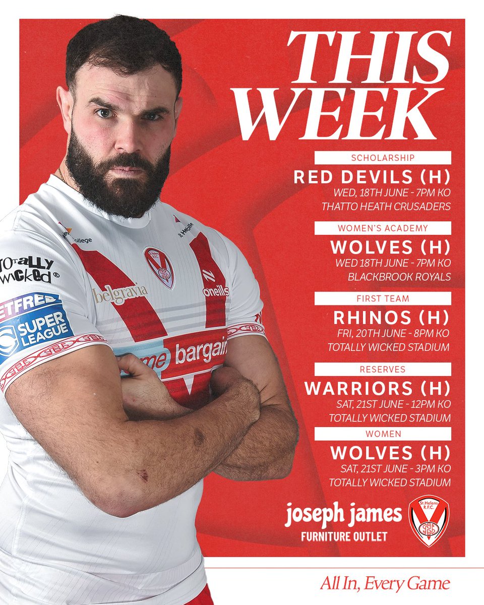 😇 Five home games for Saints this week

🔴 Scholars v Red Devils (H) - Wed
⚪ Women Academy v Wolves (H) - Wed
🔴 First Team v Rhinos (H) - Fri
⚪ Reserves v Warriors (H) - Sat
🔴 Women v Wolves (H) - Sat

ℹ saintsrlfc.com/2025/06/16/thi…

#COYS