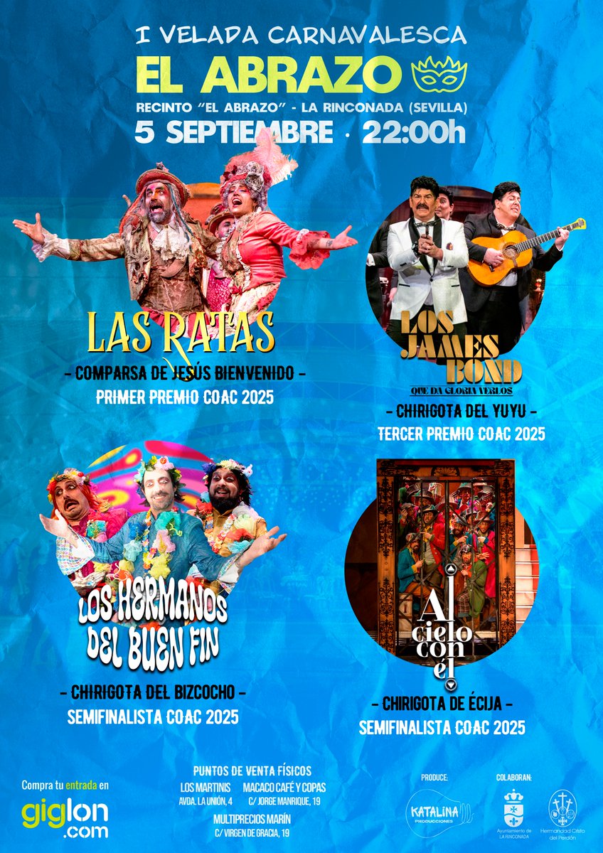 la CHIRIGOTA del BIZCOCHO (@chirigotabizc8) on Twitter photo El próximo 5 de septiembre estaremos en #LaRinconada en la I Velada Carnavalesca "El Abrazo" donde compartiremos cartel con:
- "Las Ratas", de Jesús Bienvenido
- "Los James Bond que da gloria verlos", de <a href="/CHIRIGOTAYUYU/">LA CHIRIGOTA DEL YUYU</a>
- "Al cielo con él", de <a href="/Chirigota_Ecija/">CHIRIGOTA ECIJA, “AL CIELO CON EL”</a>
¡Corre! ¡Las 300 El próximo 5 de septiembre estaremos en #LaRinconada en la I Velada Carnavalesca "El Abrazo" donde compartiremos cartel con:
- "Las Ratas", de Jesús Bienvenido
- "Los James Bond que da gloria verlos", de <a href="/CHIRIGOTAYUYU/">LA CHIRIGOTA DEL YUYU</a>
- "Al cielo con él", de <a href="/Chirigota_Ecija/">CHIRIGOTA ECIJA, “AL CIELO CON EL”</a>
¡Corre! ¡Las 300