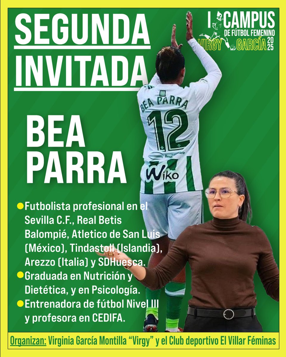 🌟Segunda invitada confirmada🌟

Bea Parra, futbolista profesional con una dilata experiencia en la élite del fútbol femenino. 

Máxima goleadora del Real Betis Balompié durante sus 8 años en el club y máxima goleadora en el Atlético de San Luis durante sus 2 temporadas 🙌🏻