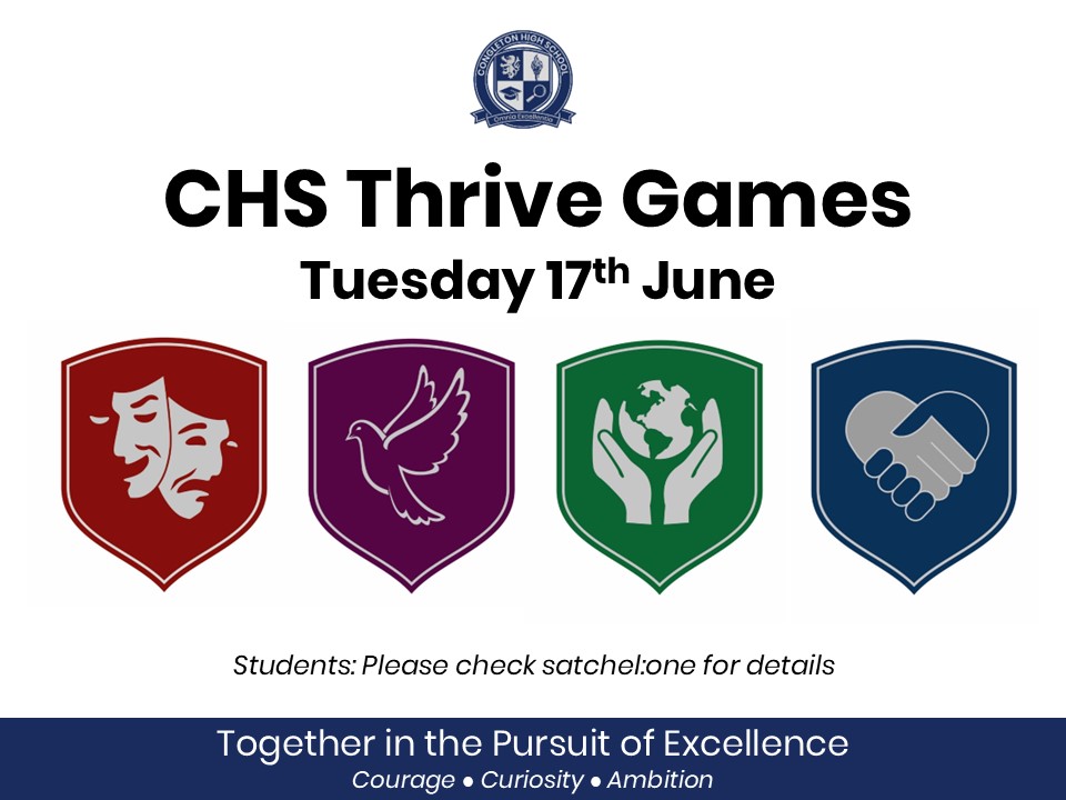 Six students from each House will compete in our Thrive Games tomorrow. They'll spend an hour in Period 3 taking part in teambuilding activities including a general knowledge quiz and art-based challenges.
Students: Please make sure you check Satchel for details. #Ambition
