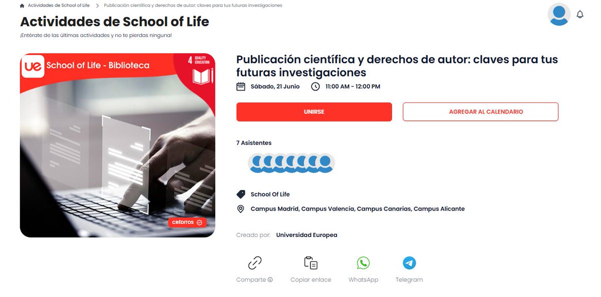 WORKSHOP en School of life <a href="/UEuropea/">Universidad Europea</a> 

"Publicación científica y derechos de autor: claves para tus futuras investigaciones"
¡Apúntate!
schooloflife.universidadeuropea.com/plans/details/…

🗓️sábado, 21 junio
🕜11:00 AM - 12:00 PM