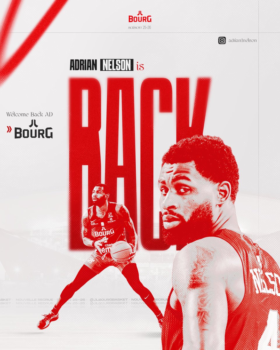 <a href="/Adr1anNelson/">𝘼𝘿 ✧</a> reste à Bourg 🔴

Le guerrier américain prolonge l’aventure !
💥 9,4 pts – 4,7 rebonds – 1 passe de moyenne
💪 Énergie, travail et mentalité irréprochable.

AD revient pour faire encore mieux cette saison 👊

📝bit.ly/4naR8GL

#WeRedy #Newseason