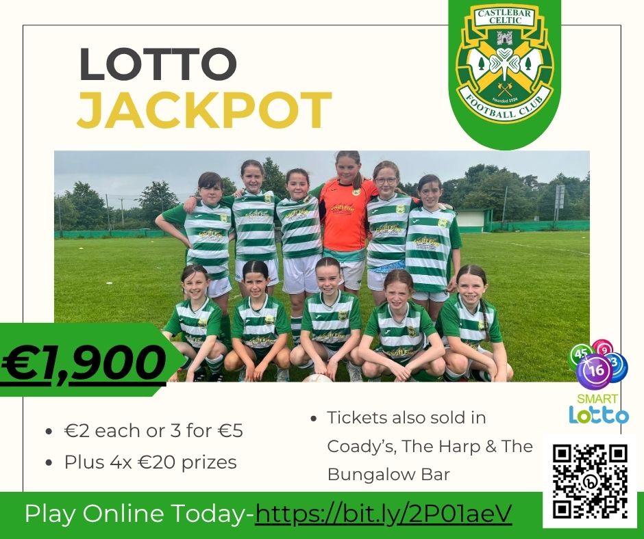 🎉 Castlebar Celtic Lotto – Draw Tonight! 🎉
💰 Jackpot: €1,900
🎁 4 x €20 prizes up for grabs!
📲 Scan the QR code or click on bit.ly/2P01aeV to enter – it only takes a minute!

Support the club &amp; be in to win! 💚🤍
#CelticLotto #CastlebarCeltic #WinBigPlayLocal