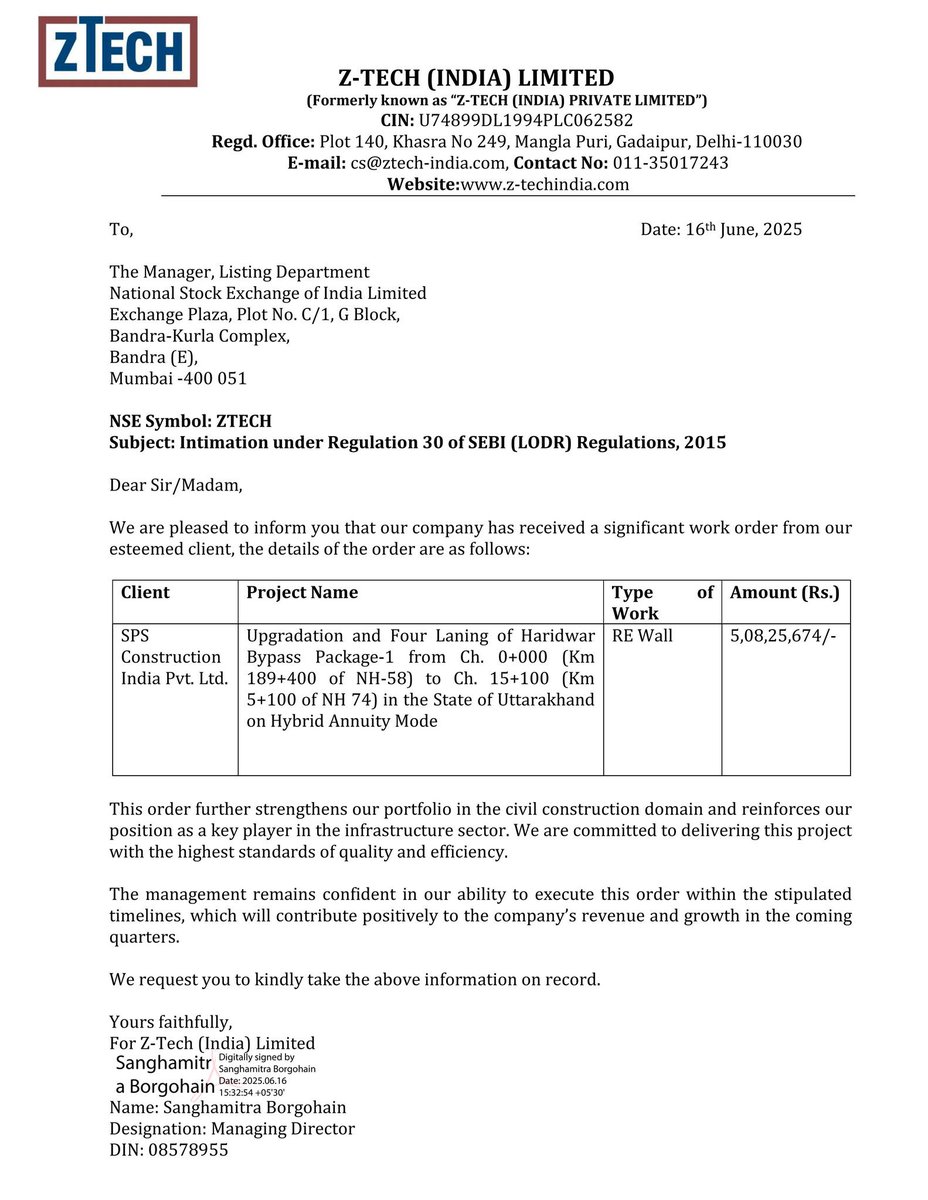 Sky16akash's tweet image. Z-Tech (India) Ltd has received a significant work order of Total amount: 5,08,25,674 from esteemed client SPS Construction India Pvt. Ltd.
For Upgradation and Four Laning of Haridwar Bypass Package-1 in the State of Uttarakhand on Hybrid Annuity Mode. 
#ZTech