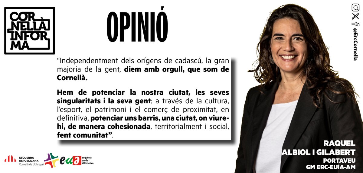 📢[OPINIÓ]

Disponible l'article 📰 de la nostra portaveu al #CornellàInforma de juny: "SOM CORNELLÀ!".

🗣️"Diem amb orgull que som de Cornellà"

📲 locals.esquerra.cat/cornella/opini…

#SempreHiSom #Cornellà #CornellàdeLlobregat #Compromís #PolíticaMunicipal #Barris #Cohesió #Comunitat