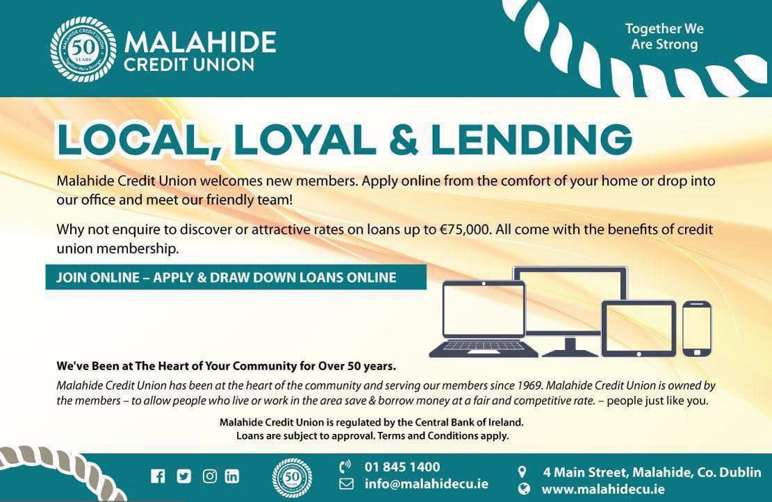 💚 LOCAL, LOYAL &amp; LENDING 💚

Malahide Credit Union welcomes new members! 🙌 

Loans up to €75,000 at competitive rates, with all the benefits of credit union membership!

👉 Join online – Apply and draw down loans online today!

📲 malahidecu.ie
📞 01 845 1400