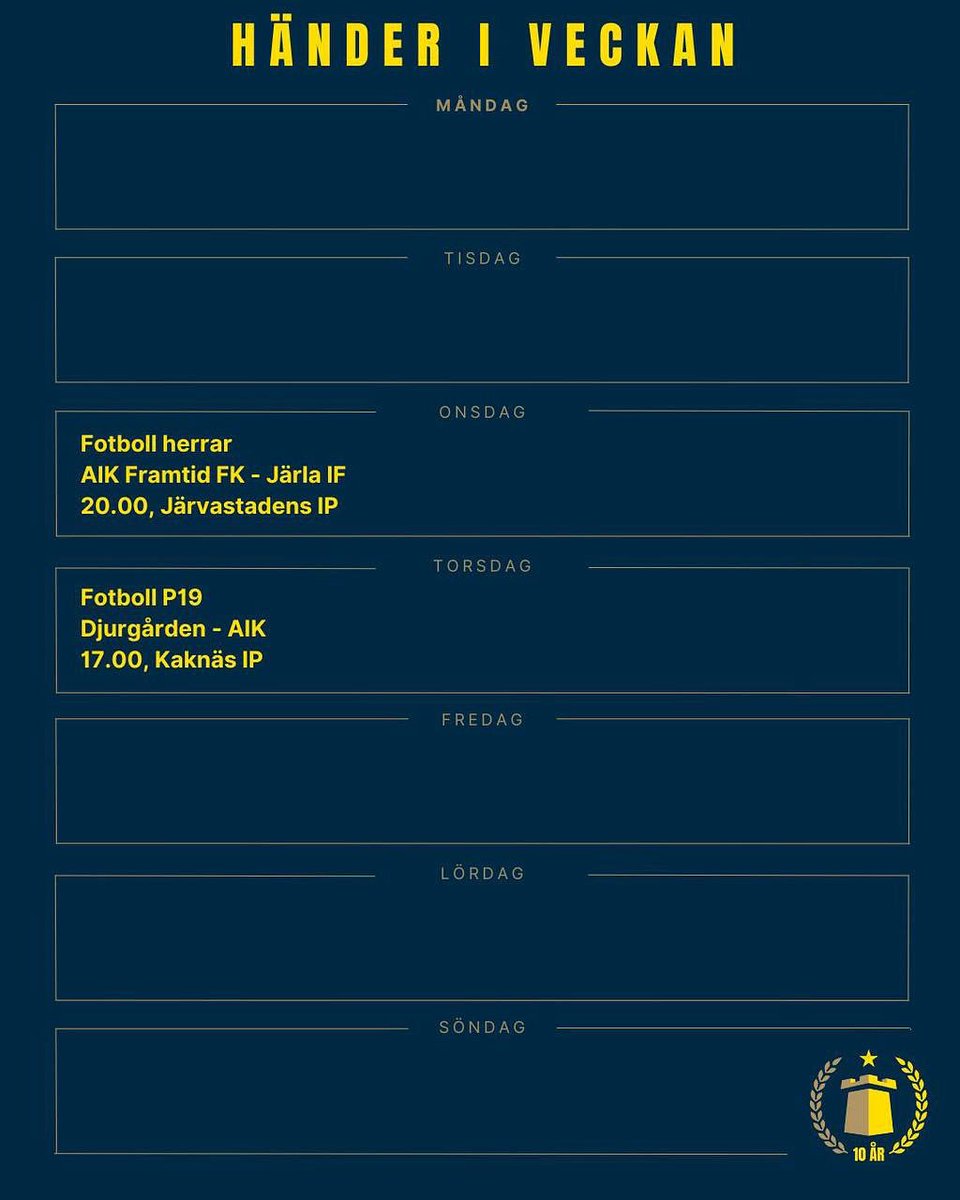 Midsommarvecka resulterar i en lugn AIK-vecka men det kommer två tillfällen att heja fram AIK till tre poäng! På onsdag möter AIK Framtid Järla IF på Järvastadens IP och på torsdag spelar AIK P19 derby mot djurgården på Kaknäs.