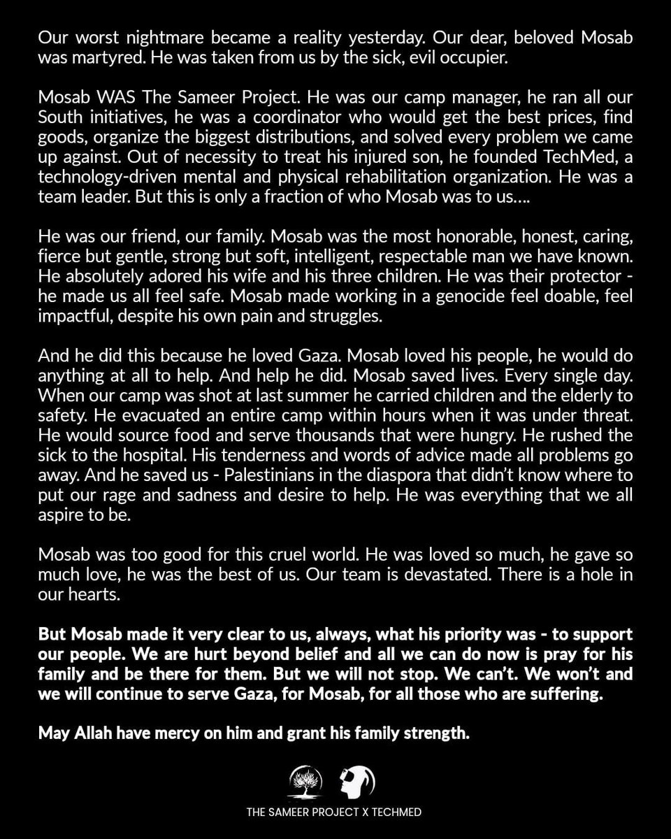 Mosab Emad Ali from the Sameer Project has been murdered by the israelis in an air strike in the south of Gaza | via the <a href="/sameerproject/">The Sameer Project</a>