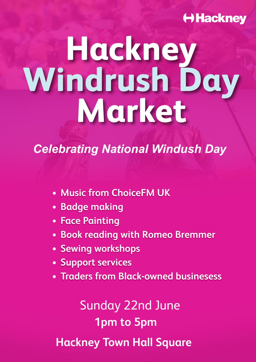 Love Hackney (@lovehackney) on Twitter photo 📢This Windrush Day, join us for a special market celebrating Hackney’s Windrush communities, with family activities, and music from <a href="/ChoiceFmuk/">ChoiceFMUK (OFFICIAL)</a>.
⏰ 1-5pm, Sunday 22nd June 2025
📍Hackney Town Hall Square
🔗Find the programme and more information on Lovehackney.uk/windrush 📢This Windrush Day, join us for a special market celebrating Hackney’s Windrush communities, with family activities, and music from <a href="/ChoiceFmuk/">ChoiceFMUK (OFFICIAL)</a>.
⏰ 1-5pm, Sunday 22nd June 2025
📍Hackney Town Hall Square
🔗Find the programme and more information on Lovehackney.uk/windrush