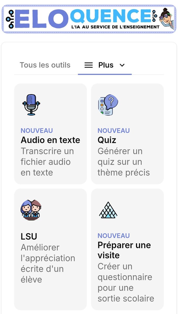 Maxime Escamez (@erun78_mantes) on Twitter photo Découvrez Élo(quence), un site gratuit qui propose des outils IA au service de l'enseignement. Génération d'appréciations LSU, proposition de réponses à des mails "agressifs", création de questionnaires, mais pas que...
Par ici 👉 : eloquence.glide.page Découvrez Élo(quence), un site gratuit qui propose des outils IA au service de l'enseignement. Génération d'appréciations LSU, proposition de réponses à des mails "agressifs", création de questionnaires, mais pas que...
Par ici 👉 : eloquence.glide.page