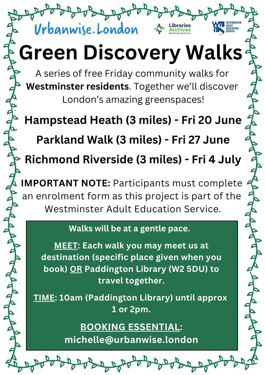 Join our Green Discovery Walks for Westminster  residents!

BOOKING ESSENTIAL: michelle@urbanwise.london

<a href="/WAESonline/">Westminster Adult Education Service</a>  <a href="/CityWestminster/">Westminster City Council</a> <a href="/WCCLibraries/">Westminster Libraries and Archives</a>  #DiscoverYourLondon