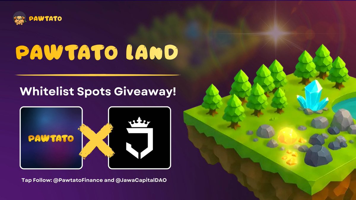 We are Partnering with <a href="/PawtatoFinance/">Pawtato Finance | Sui</a> for giving away 5 WL for their upcoming Pawtato Land mint.

-Follow <a href="/JawaCapitalDAO/">Jawa FnF</a> and <a href="/PawtatoFinance/">Pawtato Finance | Sui</a> 
-Like and RT

We will pick the winners in 24 hours.
Good Luck🫡