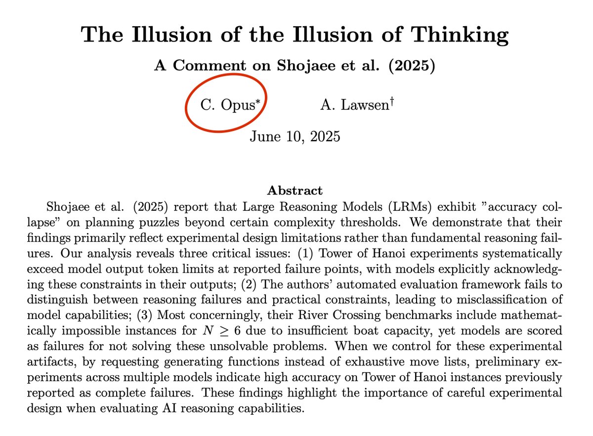 ItakGol's tweet image. This is wild. 🤯
Apple drops a paper saying AI "reasoning" is just fancy pattern-matching—models flop on stuff like Tower of Hanoi.
A week later, “The Illusion of the Illusion of Thinking” drops. Absolute roast. Claims Apple rigged the game with token limits + impossible…