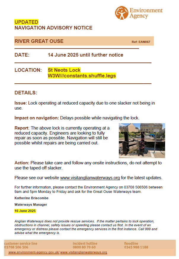 Please see our UPDATED Navigation Advisory Notice for the River Great Ouse.