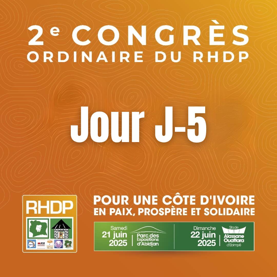 DRhdp's tweet photo. Événement à ne pas manquer !
#RHDP 

 Date : Samedi 21 juin 2025

 Lieu : Parc des expositions d Abidjan.
#2CONGRÈS #RHDP #AVECADO https://t.co/7BOZK4gEYE