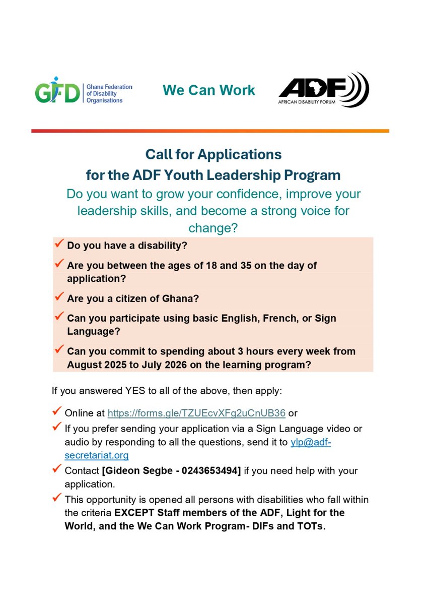 Do you want to grow your confidence, improve your leadership skills, and become a strong voice for change? If you answered YES, then apply:
Online at forms.gle/TZUEcvXFg2uCnU… or
If you prefer sending your application via a Sign Language video or audio by responding to all the