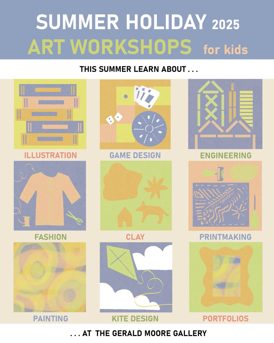 Social Media:
🎨 ART WORKSHOPS THIS SUMMER! 🌞
Looking for fun, creative, and educational activities for your child this summer? Gerald Moore Gallery is running exciting art workshops for ages 6–15!
✨ Book now: geraldmooregallery.org/summerart