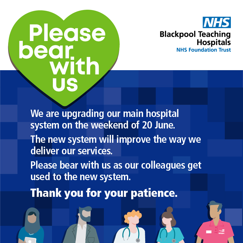 We’re upgrading our system!

From this Friday, 20 June, we’ll be changing our main hospital system to help things run even more smoothly at the Trust. 
Please bear with us whilst we get up to speed. Things may be a little slower, but we really appreciate your patience and support