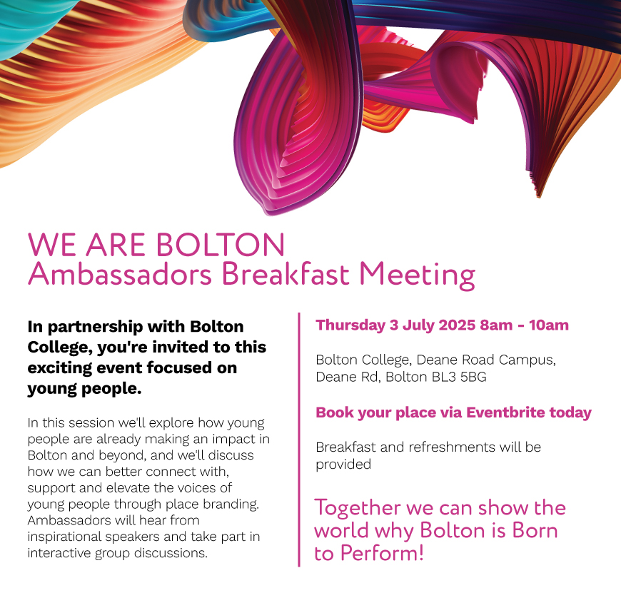 Your invite to the next We Are Bolton Ambassadors breakfast meeting!📷

This exciting event is focused on young people and how we can better connect with, support and elevate the voices of young people through place branding.

Register on Eventbrite here: bit.ly/WABBreakfast