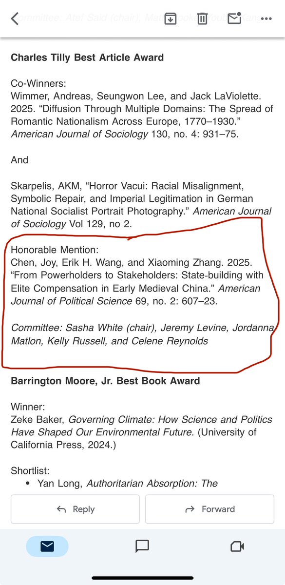 Recently learned that our <a href="/AJPS_Editor/">AJPS</a> article on state-building and elite compensation in medieval China received Honorable Mention for the Charles Tilly Best Article Award in Comparative and Historical Sociology by <a href="/ASAnews/">ASA Sociology</a>. So grateful for this recognition by sociologists!