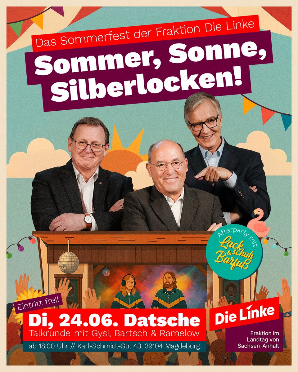 Kerstin Eisenreich (@kereisen) on Twitter photo Sommer, Sonne, Silberlocken!
Unser #Sommerfest der Fraktion #DieLinke im Landtag von Sachsen-Anhalt zusammen mit <a href="/DietmarBartsch/">Dietmar Bartsch</a>, <a href="/bodoramelow/">Bodo Ramelow</a> und <a href="/GregorGysi/">Gregor Gysi</a>. Musik von Lackschuh und Barfuß.
Kommen Sie vorbei, Eintritt frei!
#ltlsa #demokratie #vielfalt #gerechtigkeit Sommer, Sonne, Silberlocken!
Unser #Sommerfest der Fraktion #DieLinke im Landtag von Sachsen-Anhalt zusammen mit <a href="/DietmarBartsch/">Dietmar Bartsch</a>, <a href="/bodoramelow/">Bodo Ramelow</a> und <a href="/GregorGysi/">Gregor Gysi</a>. Musik von Lackschuh und Barfuß.
Kommen Sie vorbei, Eintritt frei!
#ltlsa #demokratie #vielfalt #gerechtigkeit