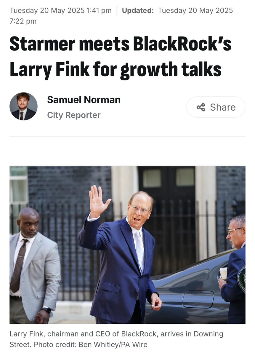 NOW — I’ve submitted a new request to the Cabinet Office asking for full details of the recent private meeting between BlackRock CEO Larry Fink, Keir Starmer, and Rachel Reeves, as reported on 20th May.

In the past, I’ve been stonewalled on this issue. The government has refused