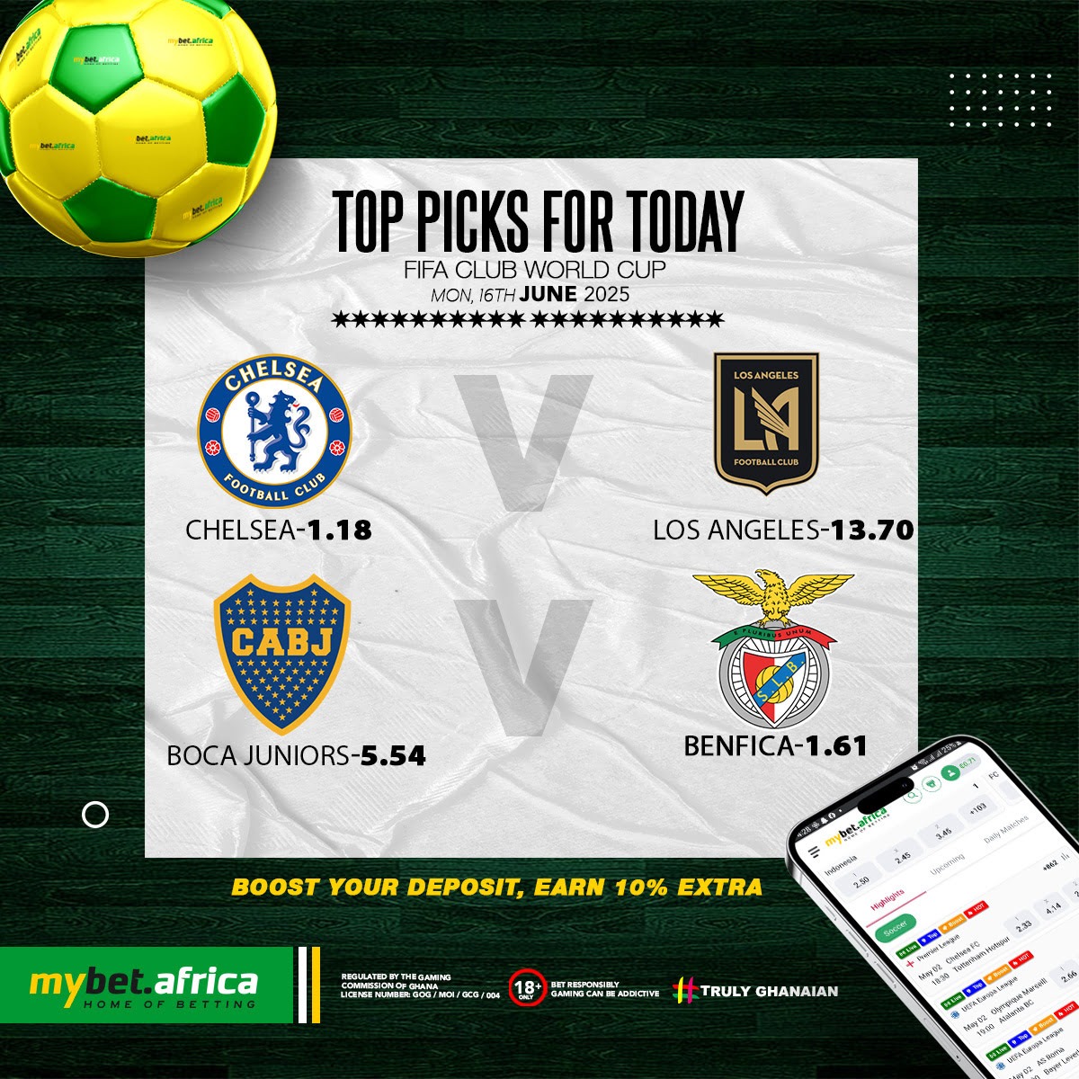 🔥 TOP PICKS FOR TODAY! 🔥
📅 FIFA Club World Cup 

⚽ Chelsea (1.18) 🆚 Los Angeles FC (13.70)
⚽ Boca Juniors (5.54) 🆚 Benfica (1.61)

💰 Boost your deposit and earn 10% EXTRA!
Get in on the action with unbeatable odds and massive winnings at  mybet.africa!

📲 Bet