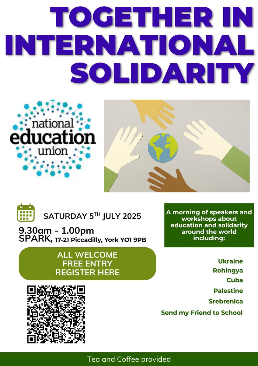 NEU: Together in International Solidarity. A morning of speakers and workshops about education and solidarity around the world.
Free event, Saturday 5th July 9.30am – 1pm at Spark, 17- 21 Picadilly, York.
Link in bio.