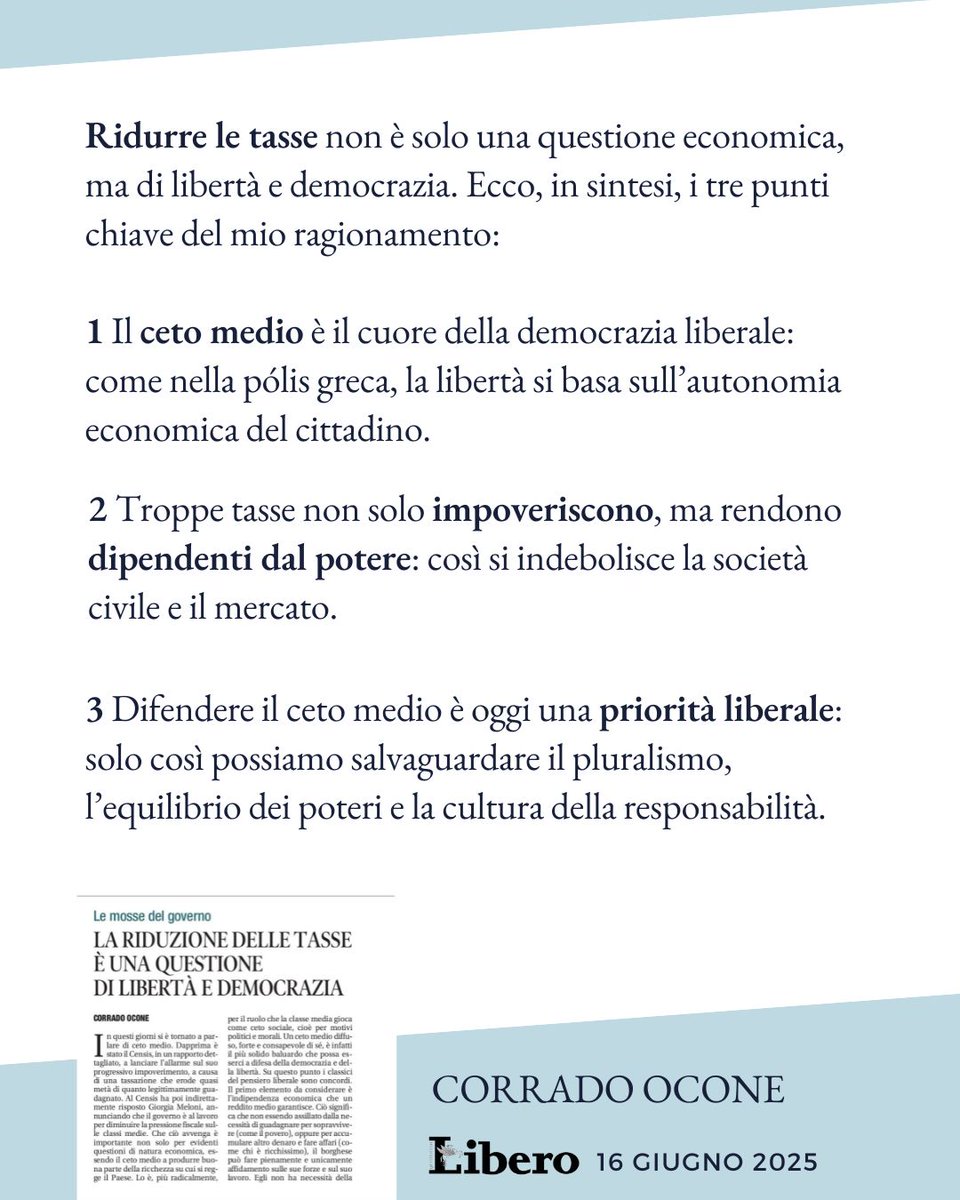Oggi su Libero spiego perché ridurre le #tasse non è solo una questione economica, ma di libertà e democrazia.

Ecco, in sintesi, i tre punti chiave del mio ragionamento 👇
