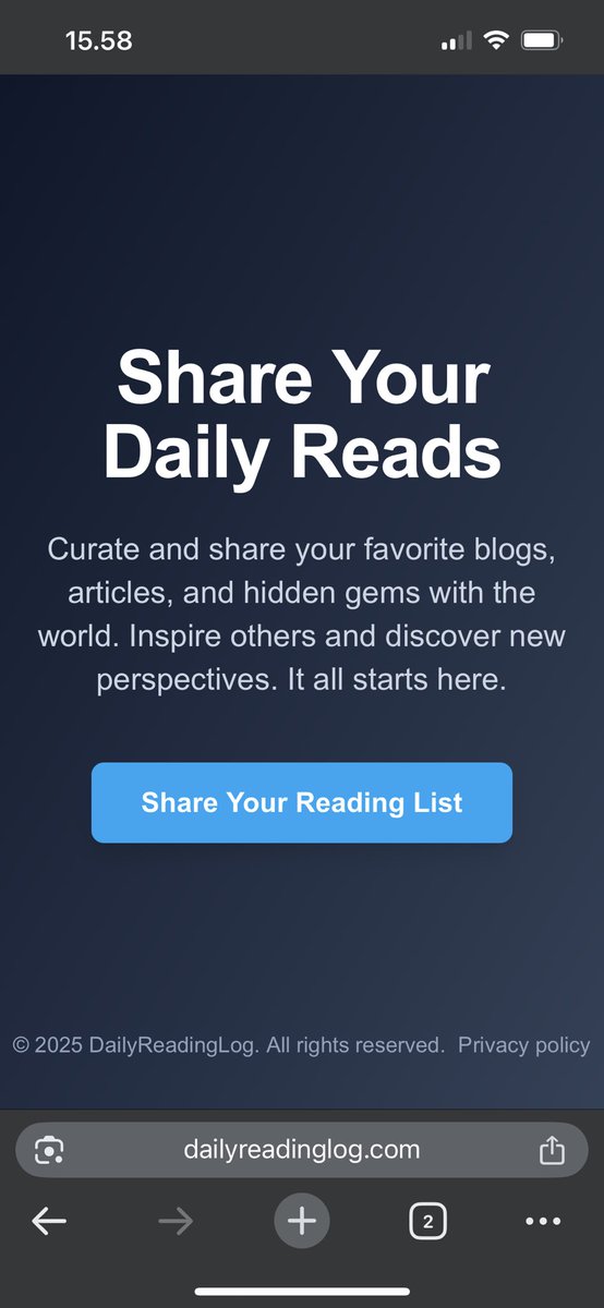 imrenagi's tweet image. Berawal dari suka share article/blog yg gw suka baca di discord, jadi kepikiran bikin web buat org ngeshare website/blog/article yg mereka baca sehari2.

Akhirnya gw coba rilis dailyreadinglog.com. Any comment/feedback is appreciated!