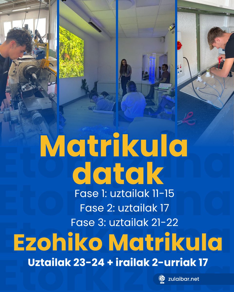 ZULAIBAR (@zulaibararratia) on Twitter photo 📧 orientazioa@zulaibar.net
📱 946 73 91 16
#HETEL #matrikulazioa #Enplegua #LanbideHeziketa #LHDuala @hetelfp 📧 orientazioa@zulaibar.net
📱 946 73 91 16
#HETEL #matrikulazioa #Enplegua #LanbideHeziketa #LHDuala @hetelfp