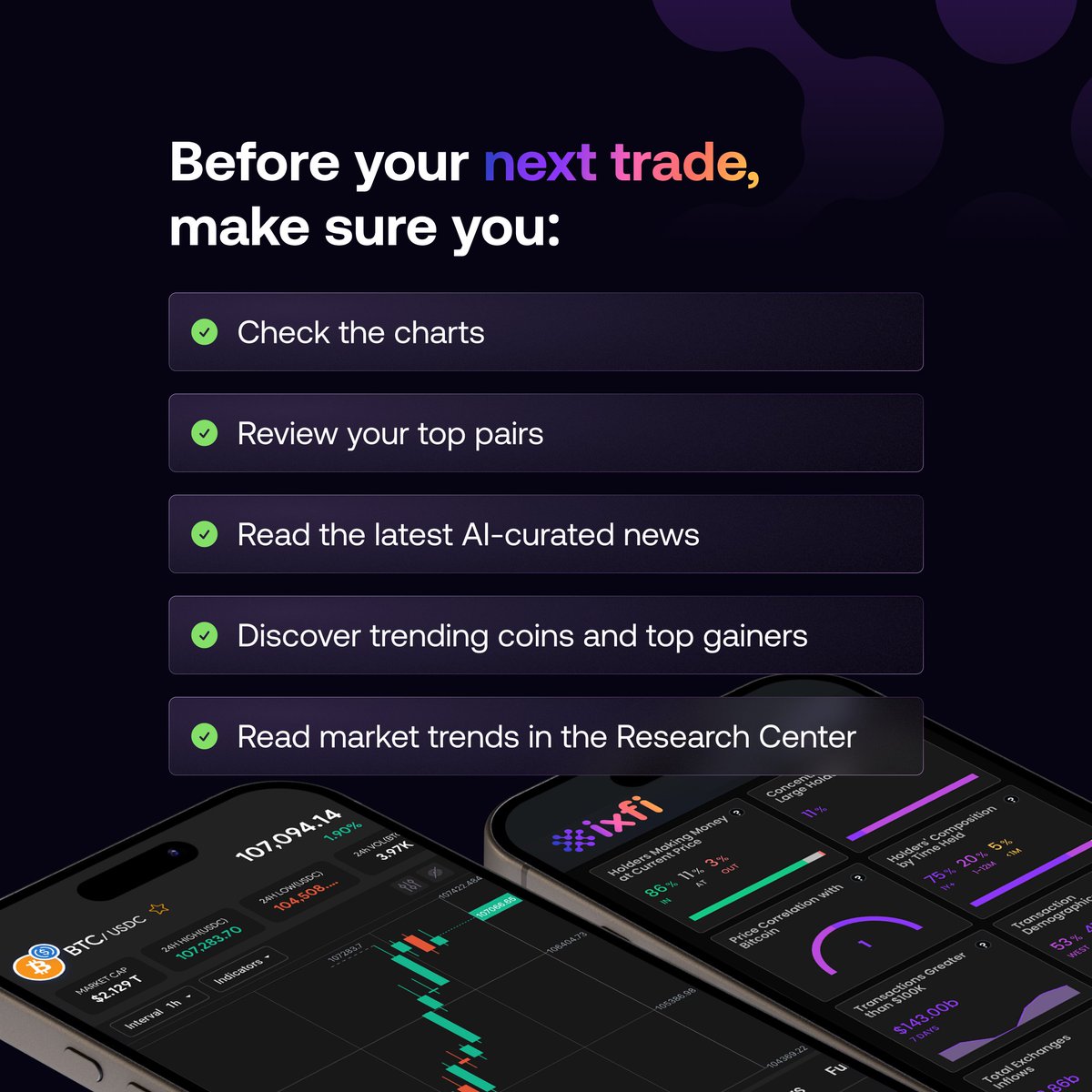 Flip between charts, sentiment, news, and rewards... or just open IXFI.

We packed everything you need into one platform so you can trade without the chaos. 🧘‍♂️