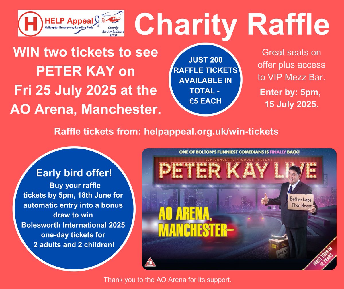 Enter our charity raffle with a CHANCE TO WIN 2 x PETER KAY TICKETS and if you enter by WEDNESDAY 18 JUNE, you'll have automatic entry into a bonus draw to win BOLESWORTH INTERNATIONAL 2025 one-day tickets! All the details + entry here 👇Thank you! helpappeal.org.uk/win-tickets/