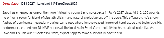 SappDrew2027's tweet photo. Appreciate the write up @PrepRedzoneFL, @RealNews102 always out here for us. #Respect
#Dominate #Phyical #Techinal #Violent #Explosive
@polk_way
@DylanOliver23
@coachhenn12
@JakeCha75280315
@H2_Recruiting
@CountyPolk
@tampafootballFL https://t.co/cLAq88wTKF