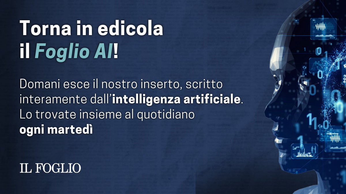 Domani torna in edicola il Foglio Ai.

Dopo l’esperimento durato un mese, il Foglio Ai è diventato un inserto settimanale. Lo trovate in edicola con il quotidiano ogni martedì