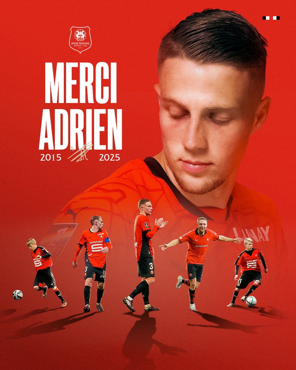 Rouge et Noir depuis dix ans, régulier, déterminé, capitaine cette saison, Adrien Truffert aura marqué le SRFC de sa patte 𝑔𝑎𝑢𝑐ℎ𝑒.

Le défenseur a choisi l’Angleterre et Bournemouth pour la suite de sa carrière. Nous lui souhaitons une belle aventure Outre-Manche. ✍️