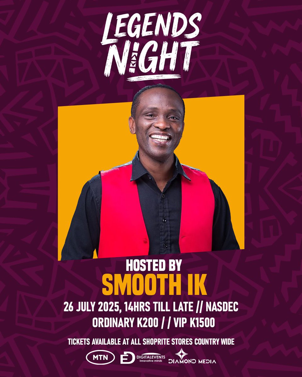 The mic is in the right hands!
Smooth IK is bringing the charm, wit, and legendary energy as host for Legends Night!
📍 26 July | 14hrs till late
🎟️ Ordinary – K200 | VIP – K1500
📌 Venue: NASDEC
🎫 Get your tickets now at all Shoprite stores nationwide!
#LegendsNight