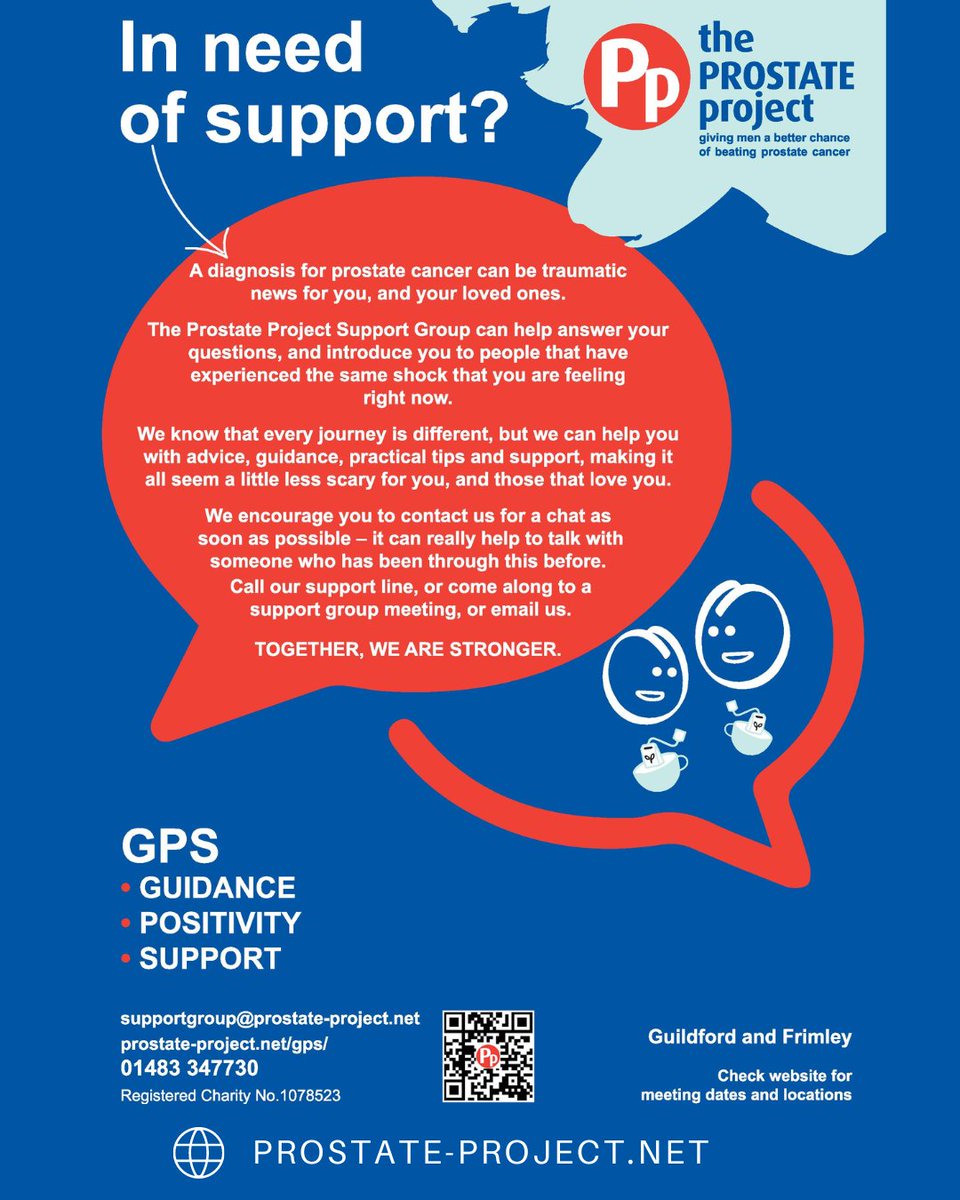 Our next Prostate Project Support Group Meeting is on Monday 14th July at 7pm at Worplesdon Place, Guildford.
Our meetings are open to everyone affected by prostate cancer- patients, family members, &amp; carers. 
For more details, contact Andrew supportgroup@prostate-project.org.uk