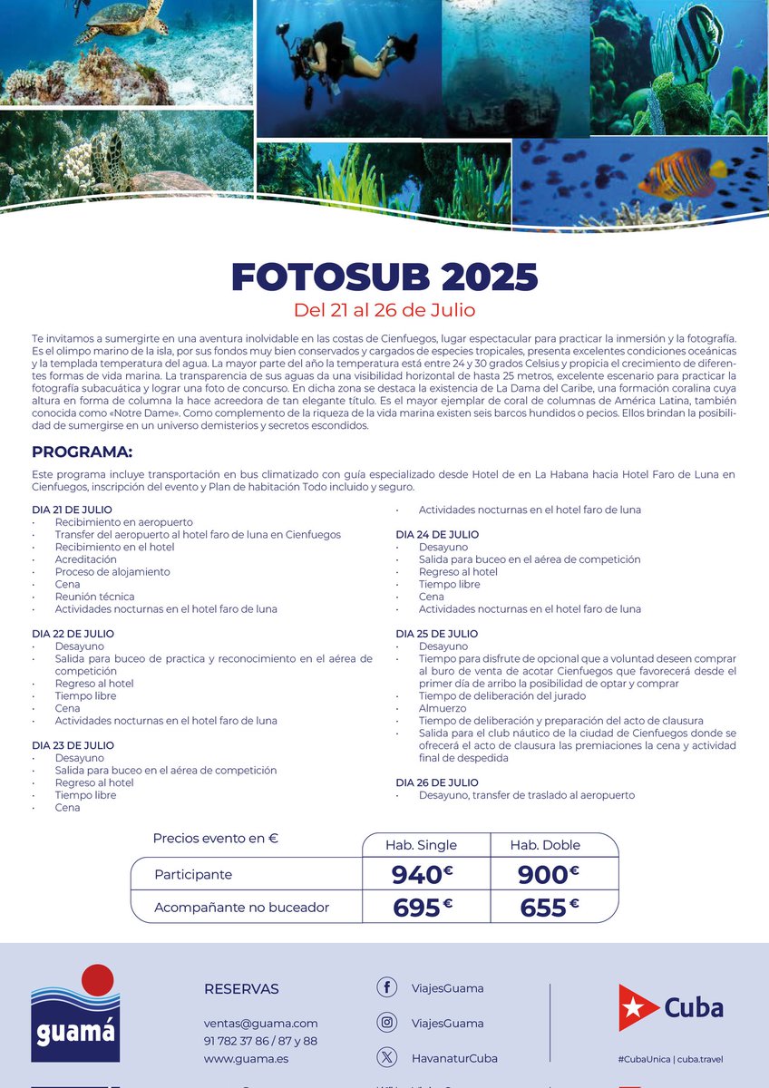 Sumérgete en un mar idílico y vive una aventura inolvidable.🌊🐚🐠 FOTOSUB 2025 se celebra en Cienfuegos del 21 al 26 de julio. Con un programa para los que disfrutan la inmersión y la fotografía
#CubaUnica #CubaTeEspera #AtreveteaVivirlo #travelling #cienfuegoscuba #submarinism