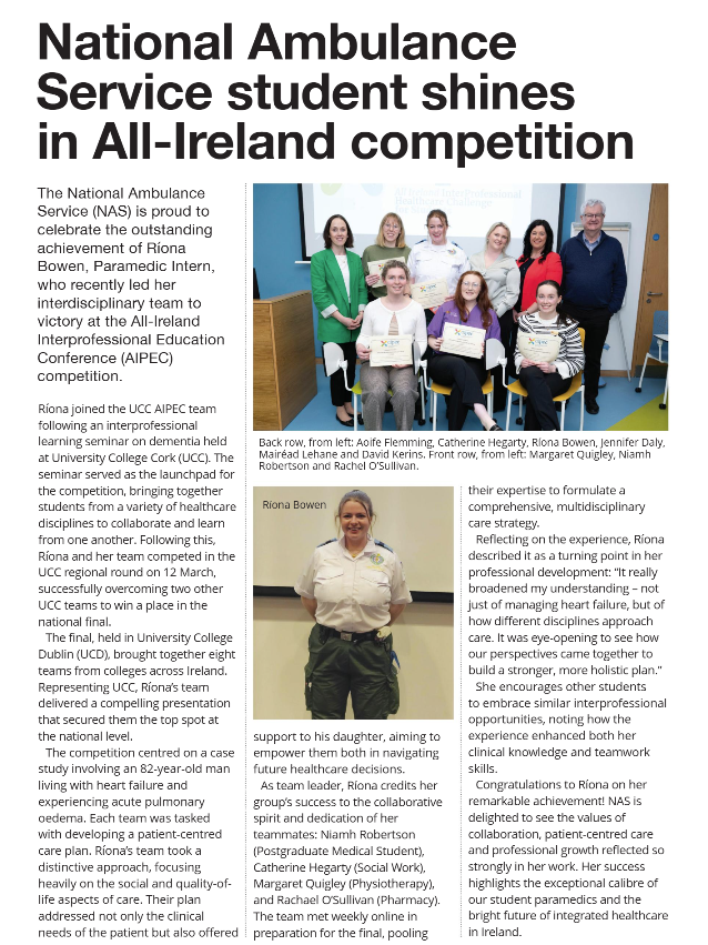 Huge congratulations to our Paramedic Intern, Ríona, who led her team to secure the top spot at the All-Ireland Interprofessional Education Conference (AIPEC)!🎉
 
Her outstanding achievement reflects the incredible calibre of our student paramedics and the bright future ahead.