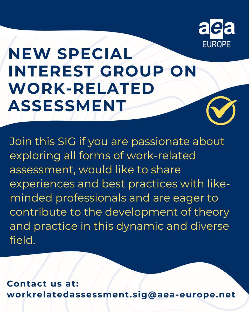 AEA-Europe (@aeae_2000) on Twitter photo We are pleased to invite you to join our Special Interest Group focused on Work-Related Assessment. Please join the Work-Related  SIG at aea-europe.net/work-related-a… 
We look forward to your participation and the valuable contributions you will make to our SIG.
#AEAEurope We are pleased to invite you to join our Special Interest Group focused on Work-Related Assessment. Please join the Work-Related  SIG at aea-europe.net/work-related-a… 
We look forward to your participation and the valuable contributions you will make to our SIG.
#AEAEurope