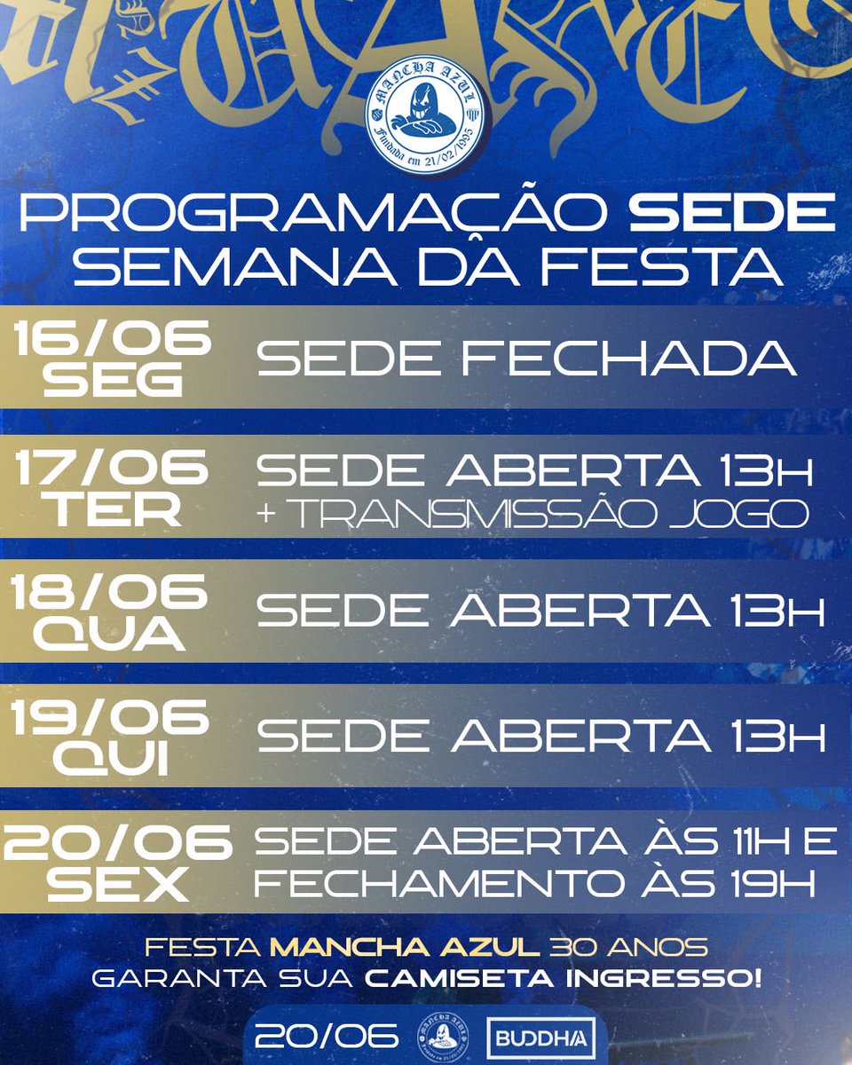 Cronograma Sede!

Não fique de fora da maior festa de torcida em Santa Catarina! Garanta já sua camisa-ingresso em nossa loja física.

30 anos de Poder, Resistência &amp; Atitude.

Departamento de Comunicação e Marketing  
TORCIDA MANCHA AZUL