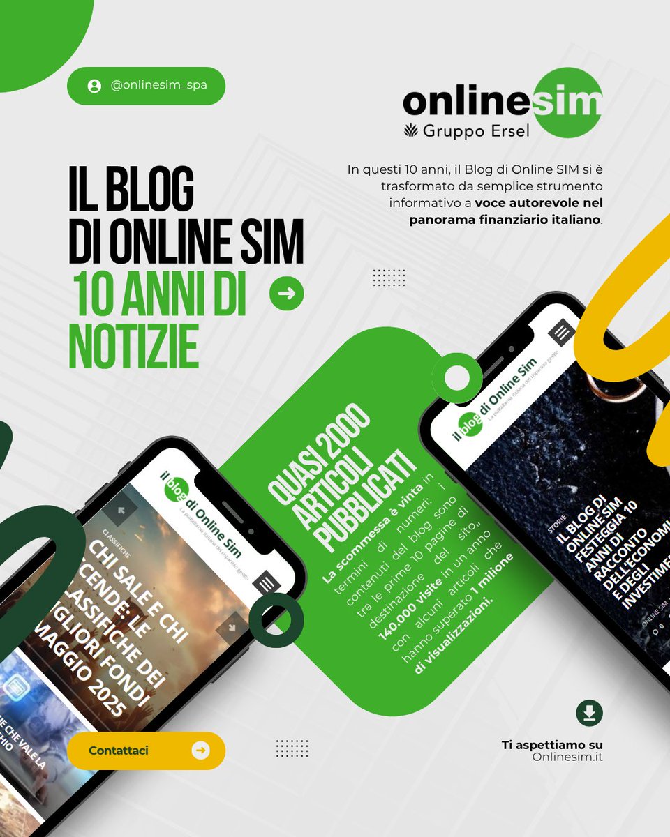 Online SIM: 10 Anni di Informazione Finanziaria di Eccellenza! 🚀Da un decennio, siamo la vostra guida affidabile nel complesso mondo dell'economia e degli investimenti, raccontando l'evoluzione dei mercati globali e le grandi trasformazioni .
👉 onlinesim.it/blog/blog-onli…