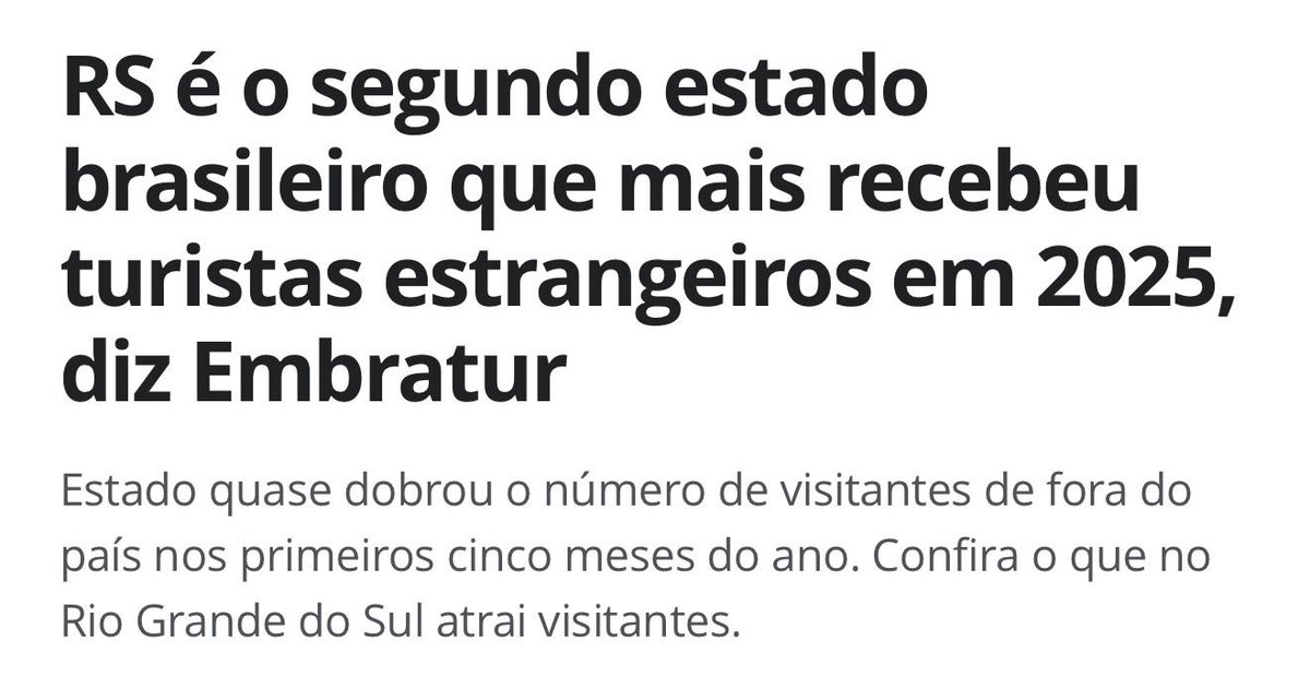 Baita notícia! O Rio Grande do Sul se consolida como destino de destaque no turismo internacional. De janeiro a maio de 2025, recebemos 1,17 milhão de visitantes estrangeiros, um crescimento de 94,5% em relação ao ano passado, o maior entre todos os estados brasileiros. 🇧🇷🌍