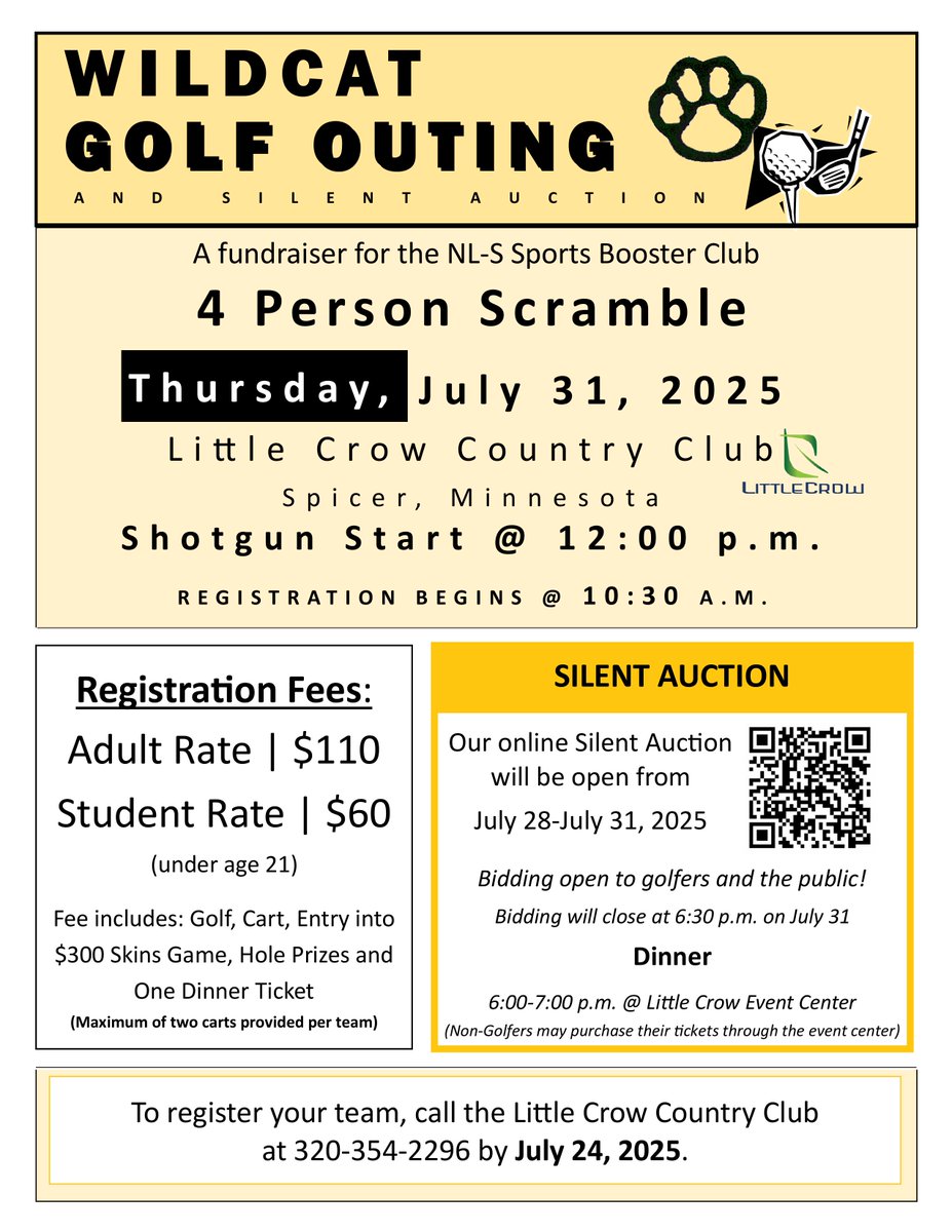 Get your team registered for the Wildcat Golf Outing!  This event benefits the NLS Sports Boosters.  The WGO will take place on July 31.  Call the Little Crow Country Club to register your team.  #NLSWildcats